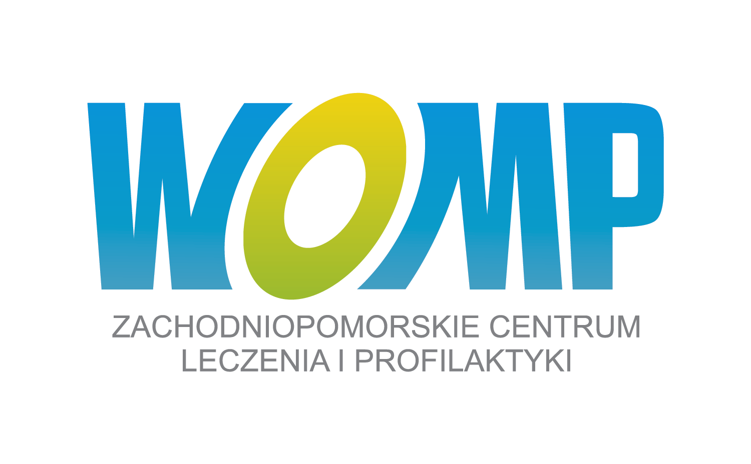 Grafika przedstawia logo Wojewódzkiego Ośrodka Medycyny Pracy, Zachodniopomorskiego Centrum Leczenia i Profilaktyki w Szczecinie. Składa się z kolorowego skrótu WOMP oraz znajdującego się pod nim szarego napisu Zachodniopomorskie Centru Leczenia i Profilaktyki. Kolorowy skrót WOMP natomiast wygląda następująco: duża drukowana niebieska litera W, następnie duża drukowana zielona lekko pochylona w prawo litera O, następnie duża drukowana niebieska litera M oraz duża drukowana niebieska litera P. 